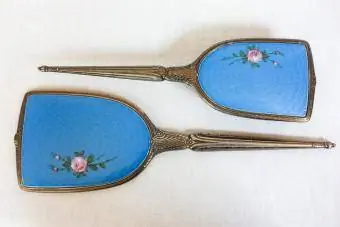 Perie pentru oglindă de mână Guilloche Vanity Blue Enamel Vintage Rose Flower Evans Dresser