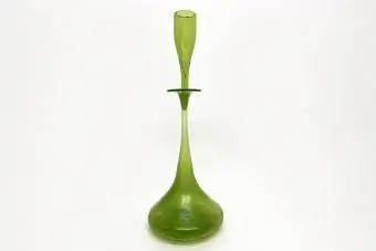 Decantador de vidro vintage Blenko Crackle Shot em verde