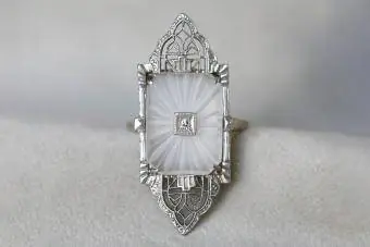Vintage kamfer glas diamant 14 k hvid guld ring