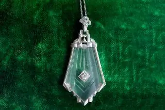Rare 14K Art Deco Era Camphor Glass Diamond Pendant Necklace