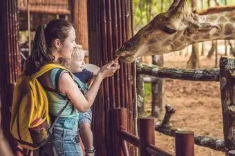 Gelukkige moeder en zoon kijken en voeden van giraffen in de dierentuin