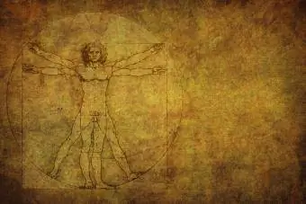 Vitruvian man kwenye mandharinyuma ya maandishi ya dhahabu