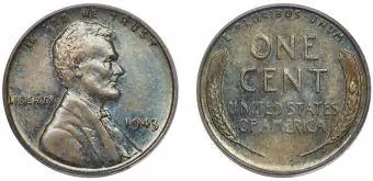 CENT 1943, vtisnjen na bronasto ploščico MS62 rjava PCGS