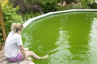 Meitene sēž pie baseina ar pretīgi zaļu ūdeni