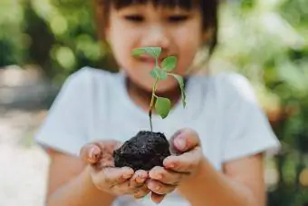 Barn som planter et tre for å hjelpe til med å forhindre global oppvarming eller klimaendringer og redde jorden.