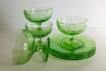 Hocking Glass Cameo шербеттері W/Шербет табақтары Hocking Green