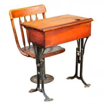 Senovinis medinis su geležiniais vaikų mokyklinis stalas ir kėdė