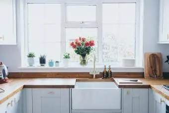 Moderná a svetlá domáca kuchyňa so sukulentnými rastlinami