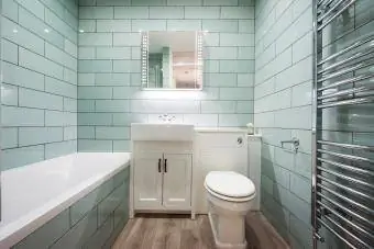 Mažas vonios kambarys su žaliomis stačiakampėmis sienų plytelėmis, kosmetiniu veidrodžiu ir spintele