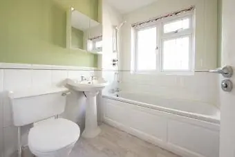 Majhna kopalnica z belimi ploščicami in zeleno pobarvana z omarico z ogledalom