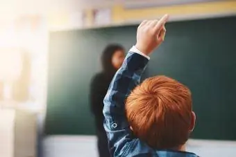 Bijgesneden opname van basisschoolkinderen die hun hand opsteken om vragen te stellen in de klas