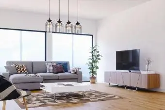Wohnzimmer im skandinavischen Design mit Teppich