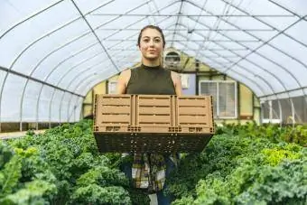 Žena farmář stojící ve skleníku