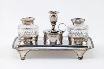Gümüş tabak ve camlı İngiliz antika mürekkep hokkası