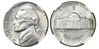 พ.ศ. 2486-S Jefferson Nickel บน Steel Cent