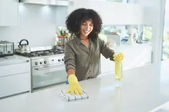 эмэгтэй гэртээ гал тогооны лангуу цэвэрлэж байна