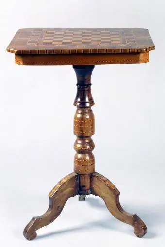 Jedwali la michezo ya mtindo wa Louis Philippe na ubao wa chess wa ndani na viingilio katika miti mbalimbali, 1830-1840