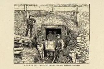 Kaivostyöläiset ja kaivostunneli, Williams' Creek, Cariboo, Brittiläinen Kolumbia, Viktoriaaninen, 1800-luku