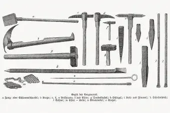 Հանքագործի գործիքակազմը անցյալում, փայտի փորագրություններ, հրատարակվել է 1893 թ