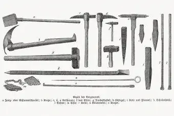 Keçmişdə mədənçinin alət dəsti, 1893-cü ildə çap olunmuş ağac üzərində oymalar