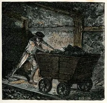 Viktoriaaninen hiilikaivostyöntekijä työntää kaivoskärryä
