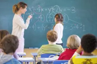 Grundskollärare som förklarar ekvationen på klassrummets svarta tavla