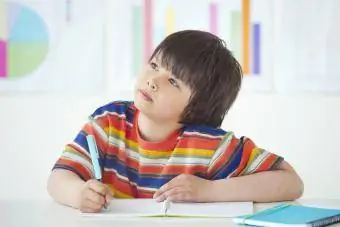 Zēns, kurš sēž un raksta klasē