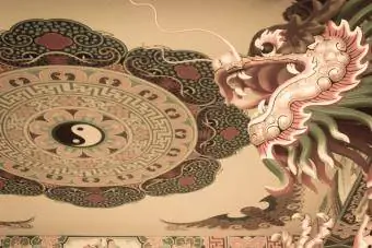 Peinture murale du plafond du temple représentant le yin et le yang