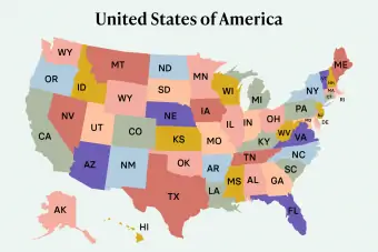 Il·lustració colorida del mapa dels Estats Units amb etiquetes estatals