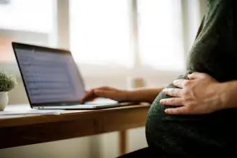 Donna incinta che utilizza il computer portatile
