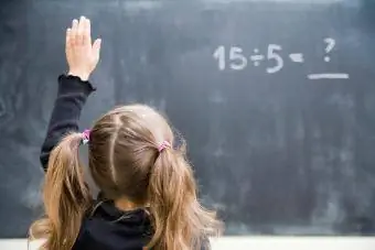 Menina na sala de aula com a mão levantada para responder a uma divisão