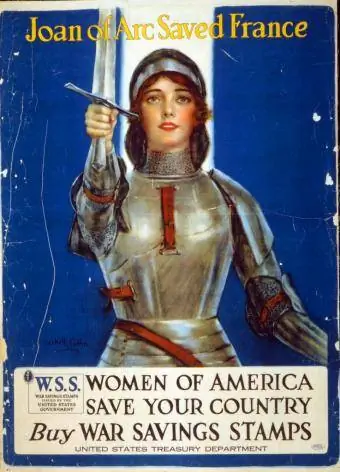 Affisch som visar Jeanne d'Arc höja ett svärd