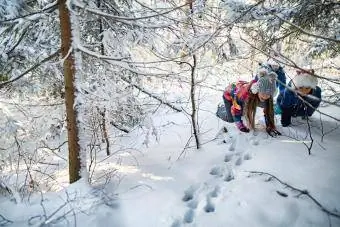 Deti sledujú odtlačky zvierat v zimnom lese