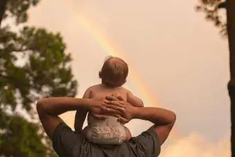 Rückansicht des Vaters, der seinen Sohn auf den Schultern trägt und dabei den Regenbogen betrachtet