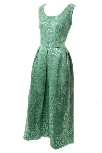 1960'S EMERALD GREEN METALLIC GOLD SATIN VINTAGE DRESS EVENING GOWN