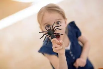 دختری که عنکبوت تقلبی در دست دارد