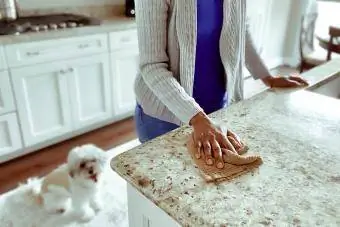 Femme essuie un comptoir de cuisine en granit