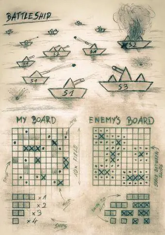 رسم يدوي للعبة سفينة حربية بني داكن على البحر
