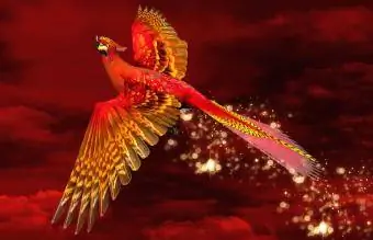 Phoenix lentää palavan punaisen taivaan läpi