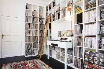 غرفة موسيقى تتميز بتخزين السجلات في وحدة الحائط