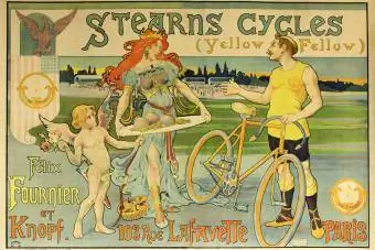 Stearns Cycles Yellow Fellow Felix Fournier et Knopf. Umělec: Henri Thiriet. Datováno: kolem roku 1900. (Foto od Pierce Archive LLC/Buyenlarge přes Getty Images) – Getty Editorial Use