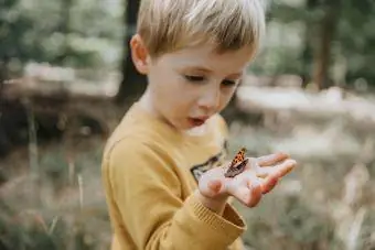 Iznenađeni dječak gleda u leptira na dlanu
