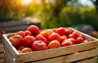 Tomates rojos en la caja de madera.