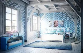 ห้องนอนพร้อมวอลเปเปอร์สีฟ้า