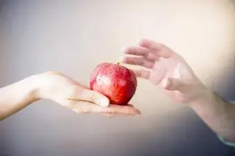 Mano della donna che offre mela rossa all'uomo