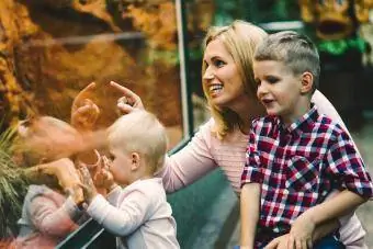 Nëna me djemtë e saj duke parë breshkën në kopshtin zoologjik