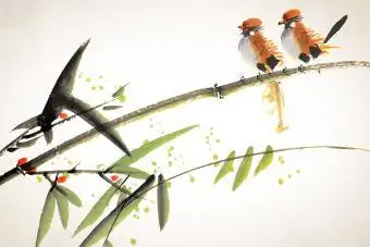 Seni feng shui Lukisan Cina dengan burung berdiri di atas bambu
