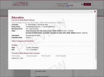 екранна снимка на информация за образованието