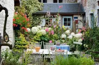 Patio del cottage pieno di fiori