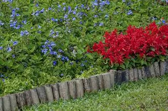 Vertical logs edging flower bed